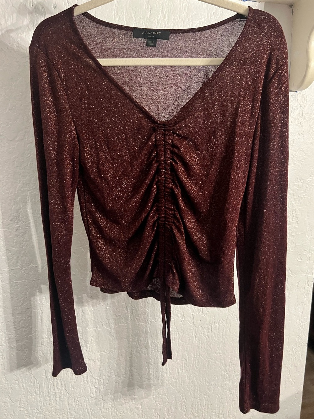 All Saints Metallic Ruched Long-Sleeve Top in Burgundy